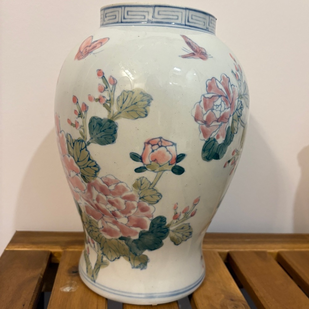 Vintage Floral Vase with Pink and Green Motif